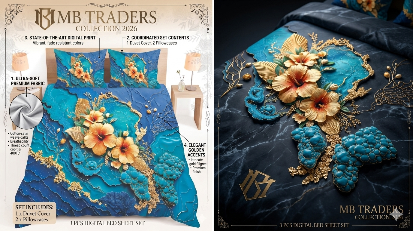 Royal Teal & Gold Hibiscus -3-Piece Digital Print Bed Sheet Set