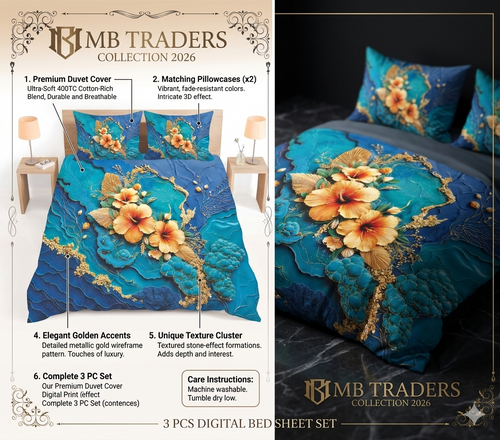 Royal Teal & Gold Hibiscus -3-Piece Digital Print Bed Sheet Set