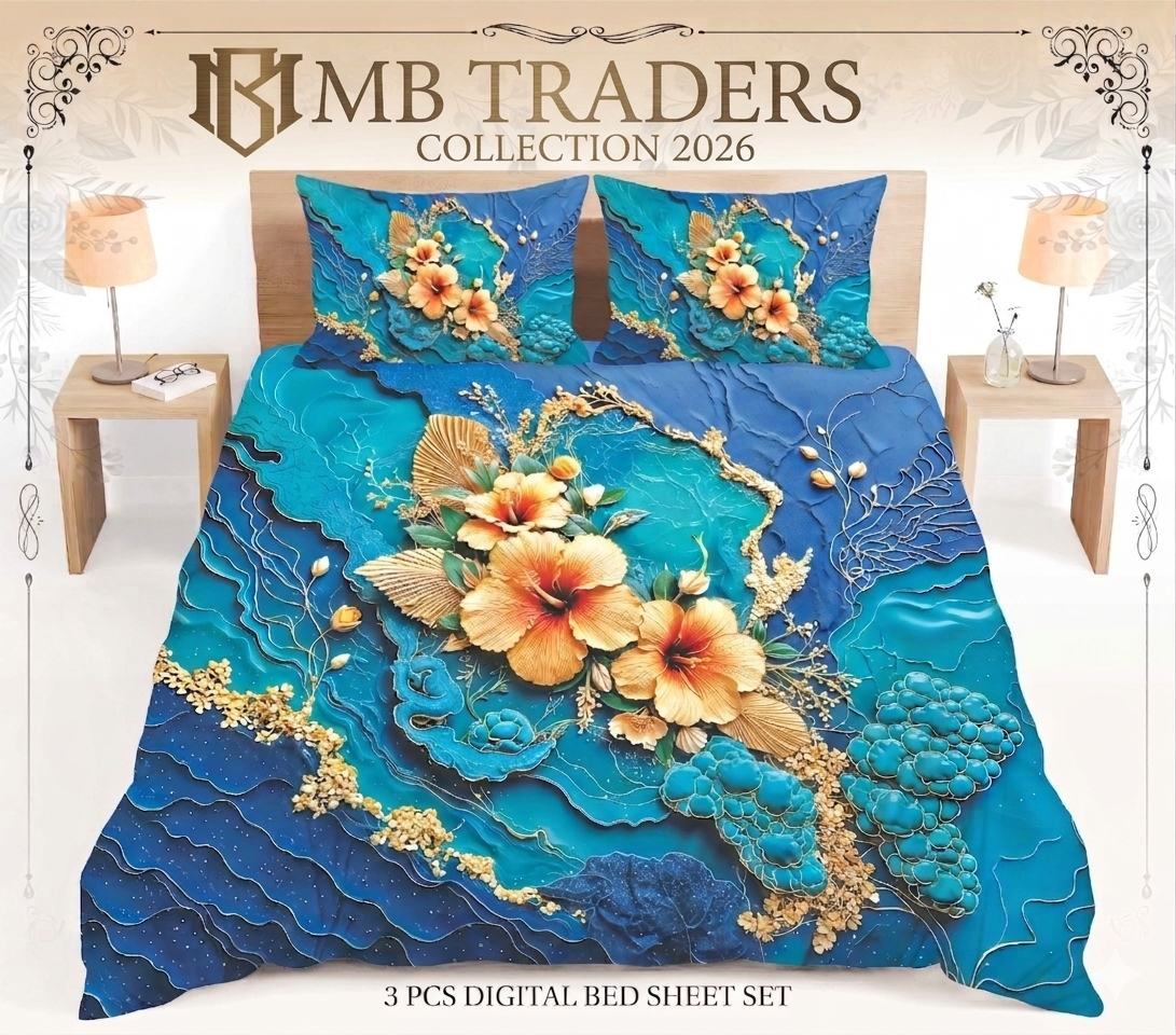 Royal Teal & Gold Hibiscus -3-Piece Digital Print Bed Sheet Set