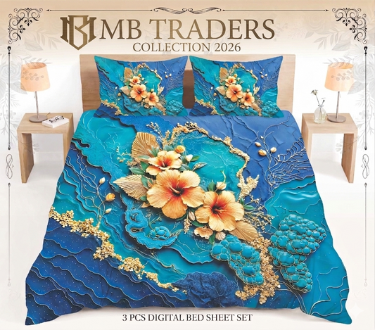 Royal Teal & Gold Hibiscus -3-Piece Digital Print Bed Sheet Set